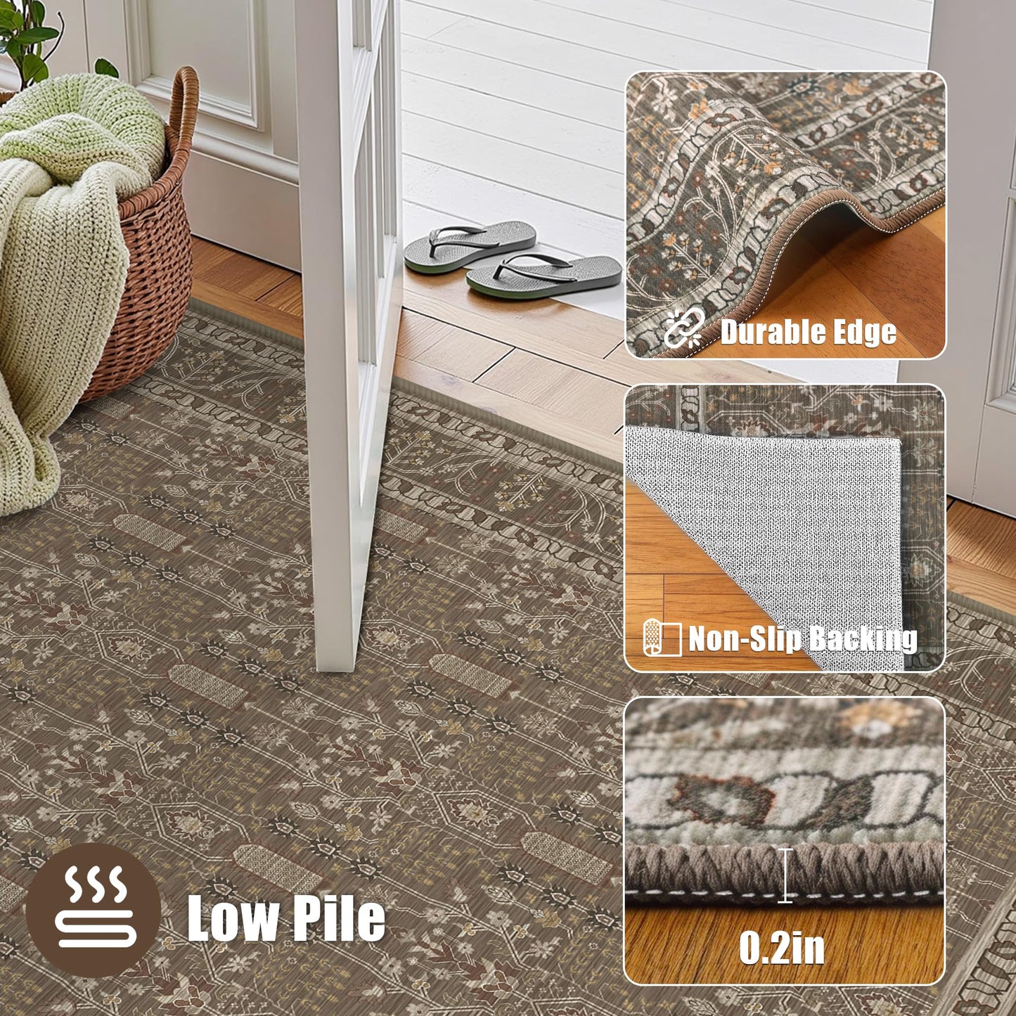 Deerly 5x7 Area Rugs Living Room, Low Pile Ultra Soft Rugs with Non-Slip Backing Machine Washable Vinatge Boho Carpet for Bedroom Playroom Nurseryroom, Kid & Pet Friendly Print Floor Brown Rug 5x7ft