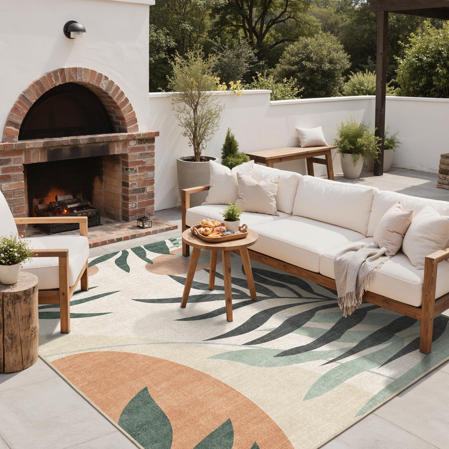 GENIMO Outdoor & Indoor Area Rug 5'x8', Waterproof, Non-Shedding, Easy Cleaning, Leaf Mat for Patio, Living Room, Balcony, Dining Room, RV, Deck, Bedroom, Camping, Outside Carpet, Beige Grey