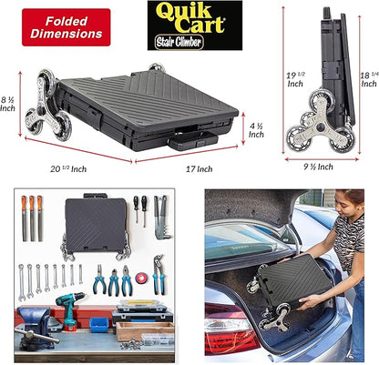 dbest Products Quik Cart Stair Climber Wheeled Rolling Crate Teacher Utility with seat Heavy Duty Collapsible Basket with Handle, 18" D x 17" W x 39" H, Black