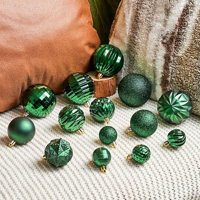 JORNOY Christmas Tree Ornaments Set, 47 Pack Assorted Shatterproof Hanging Balls Decorations, Plastic Bulbs Bulk with Lanyard for Home Holiday Party Decor, 3-Sizes (Dark Green)