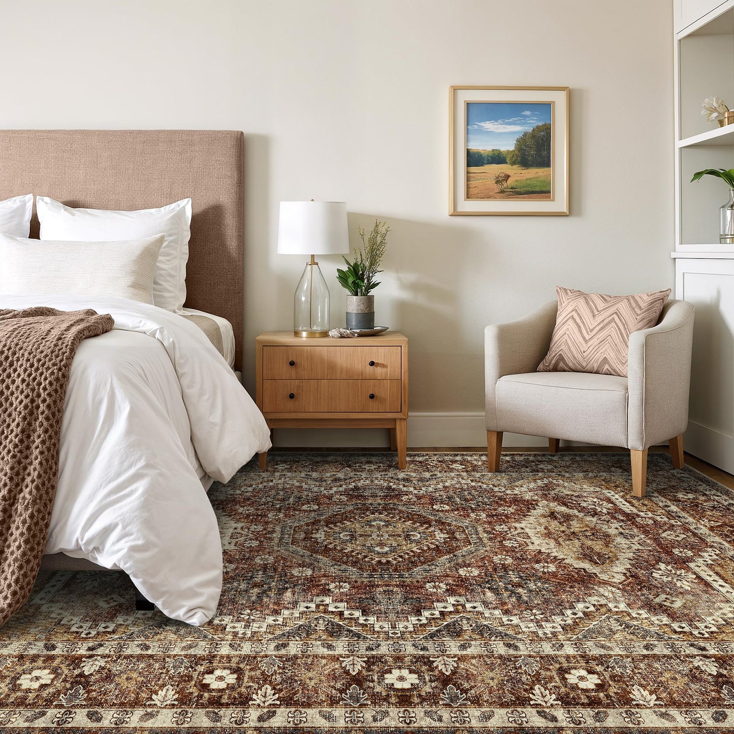 Rugland 5x7 Area Rugs - Stain Resistant Washable Rug, Anti Slip Backing Rugs for Living Room, Vintage Tribal Area Rugs (TPR07-Rust, 5'x7')
