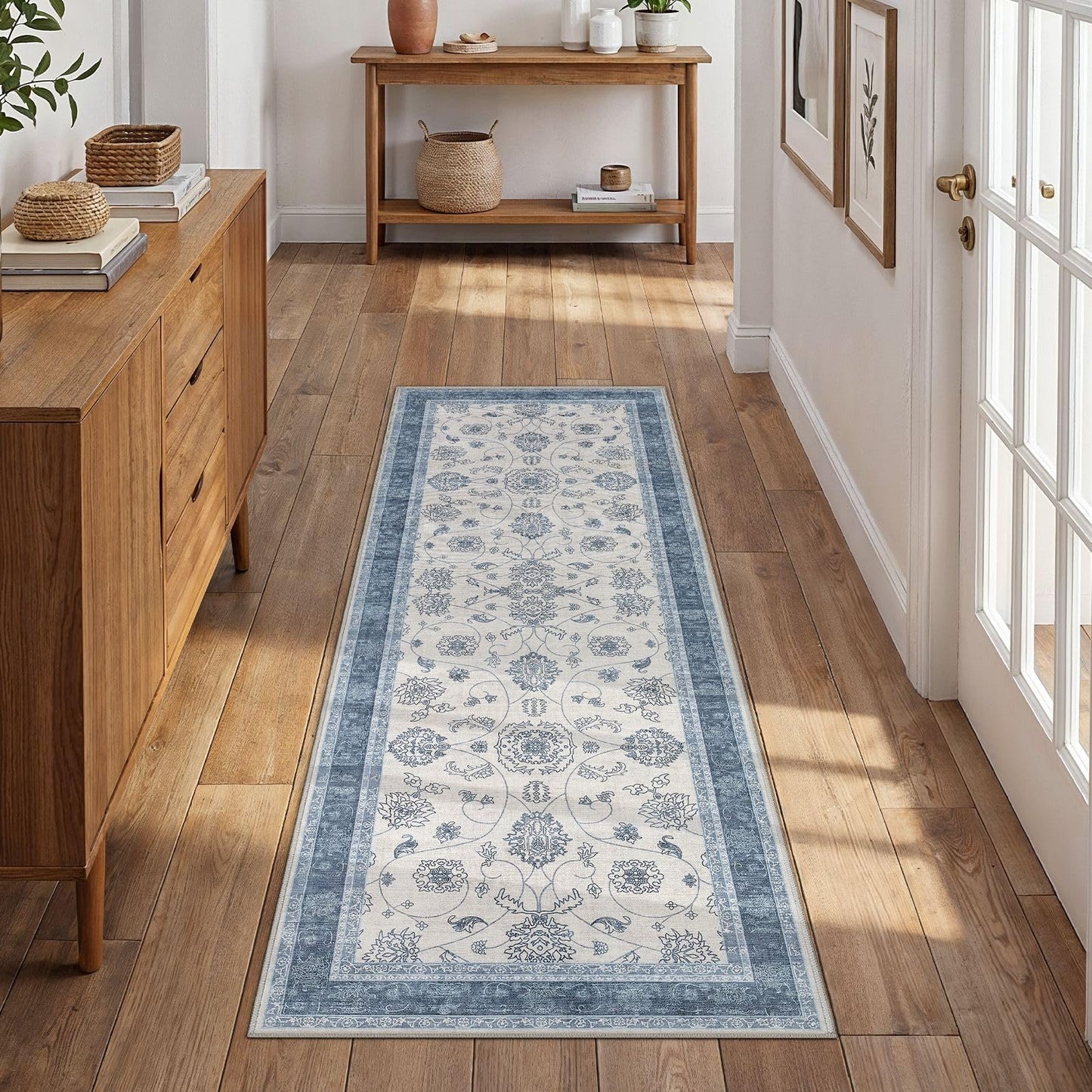 UERMEI 3x6 Machine Washable Runner Rug: Vintage Non Slip Low-Pile Stain-Resistant Hallway Floor Carpet, Soft for Entryway Kitchen Bathroom, Kid Pet Safe Robot Vacuum Friendly - Blue