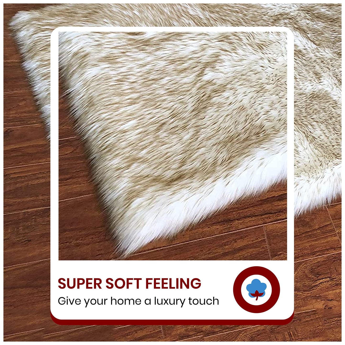 LAMBZY Sheepskin Style Square Rug, Ultra Soft, White/Brown Tips, 2'6"x6’