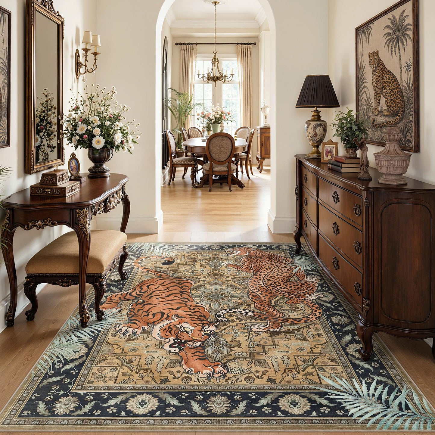 Tribesigns Tiger Leopard Print 5x7 Brown Area Rug, Boho Animal Washable Living Room Bedroom Rug, Soft Non Slip Low Pile Indoor Throw Dining Room Carpet for Office Playroom, Oeko-Tex Certified