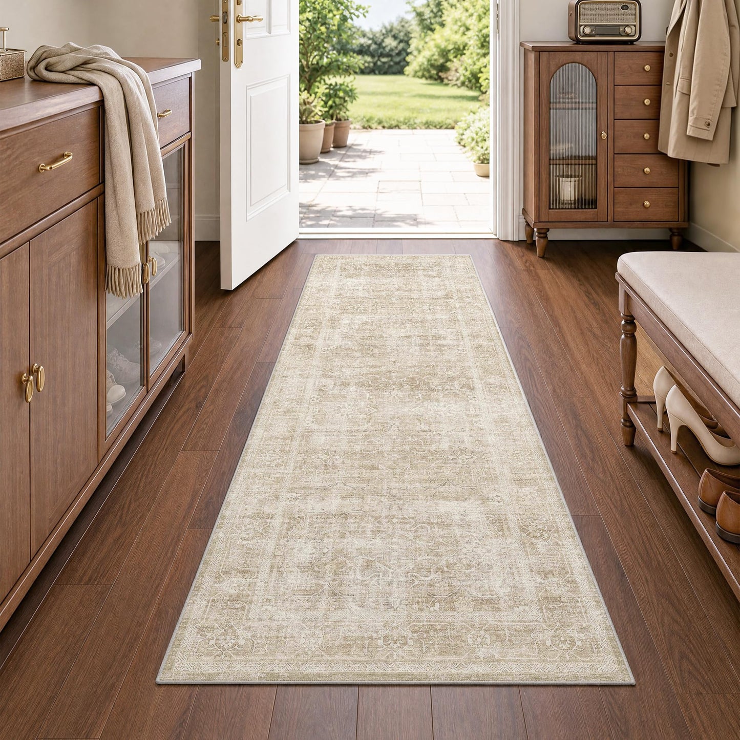 Beauoop 2x6 Hallway Runner Rug Beige Washable Vintage Distressed Neutral Retro Carpet Non Slip Soft Cream Low Pile Indoor Rug for Entryway Kitchen Bedroom Bathroom Laundry Bedside Entrance Living Room