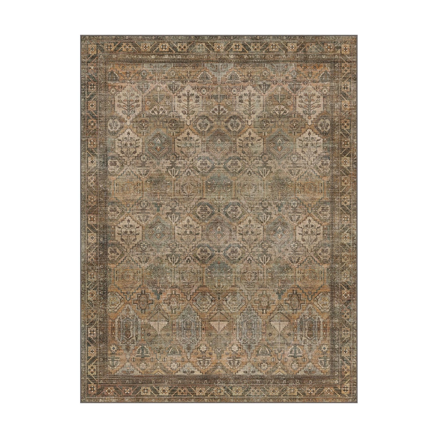 Bavni Washable Rug 8x10 Area Rug for Living Room Bedroom Dining, Washable Vintage Print Carpet, Ultra-Thin Chenille Low Pile Lightweight Rug with Non Slip Backing, Warm Taupe