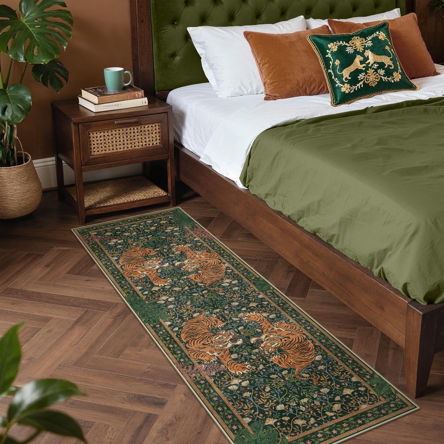 Bavni Tiger 2x6 Washable Runner Rug Non Slip, Boho Vintage Oriental Hallway Runner, Low Pile Soft Green Carpet Stain Resistant, Botanical Animal Kitchen Runner Rugs for Entryway Bedroom Laundry