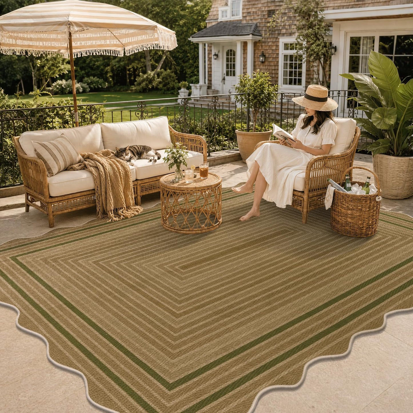 Yamaziot Washable Indoor Outdoor Rug 5x8, Scalloped Geometry Faux Tan Jute Outdoor Carpet Non Slip Modern Woven Textured Patio Rug for Backyard Balcony Deck, Green