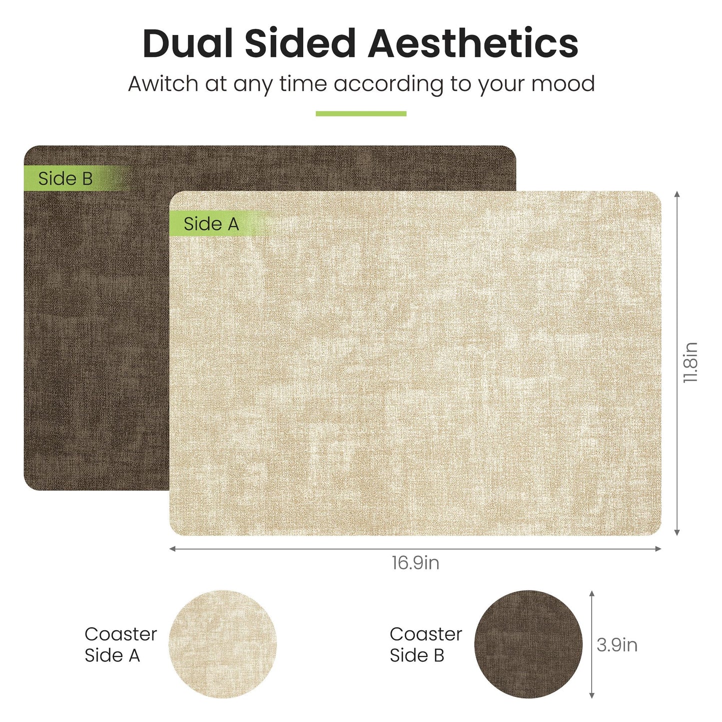 Fyvva Placemats Set of 6, Faux Leather Heat Resistant Wipeable Placemats, Dual Sided Waterproof Washable Table Mats with Coaster, Suitable for Kitchen, Dining, Table Decor (6, Beige Dark Coffee)