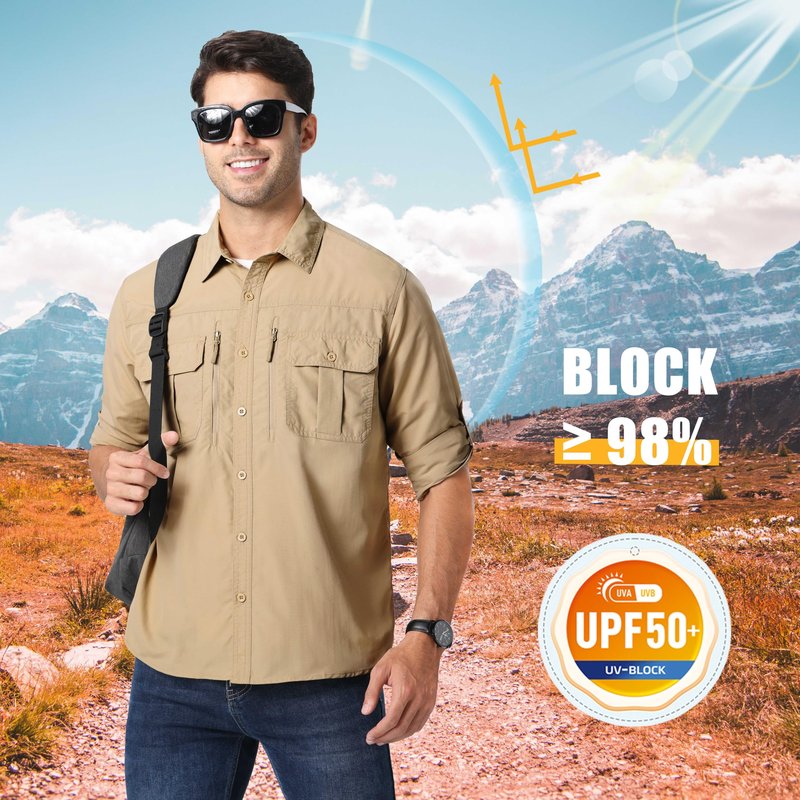 MAGCOMSEN UV Shirts for Men Long Sleeve Fishing Shirts Button Up Work Shirts for Men Hiking Shirts Quick Dry Tactical Shirts Khaki L