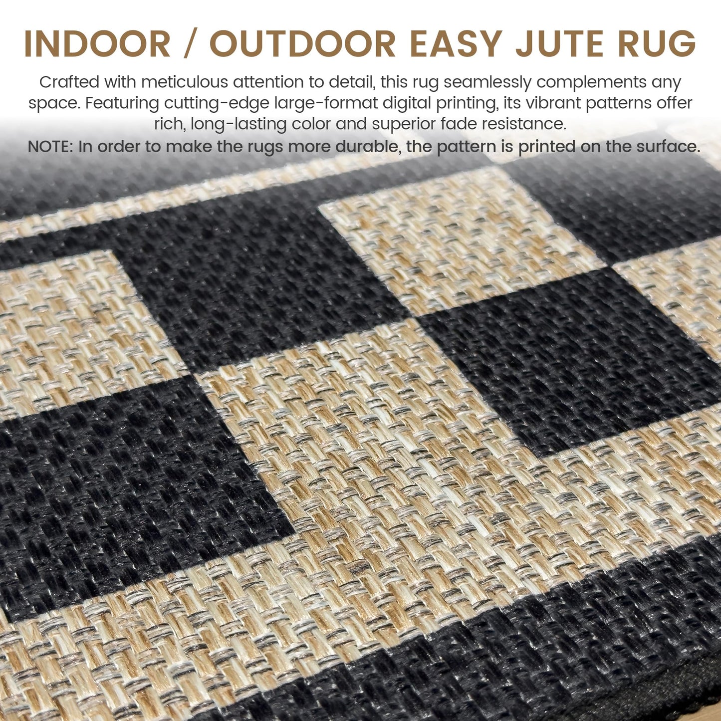 JROSING Washable Checkered Easy Jute Rug 5x7, Black Checkerboard Geometric Modern Outdoor Indoor Patio Large Bordered Rug, Woven Thin Carpet for Living Dining Play Room Bedroom Classroom Kids Nursery