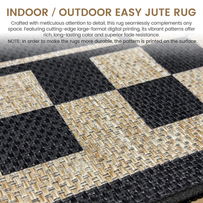 JROSING Washable Checkered Easy Jute Rug 5x7, Black Checkerboard Geometric Modern Outdoor Indoor Patio Large Bordered Rug, Woven Thin Carpet for Living Dining Play Room Bedroom Classroom Kids Nursery