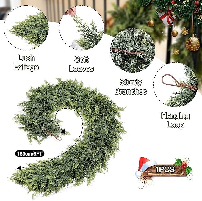 6ft Real Touch Cedar Garland Artificial Realistic Christmas Greenery Pine Garland with 150 Cedar Branches for Mantle, Fireplace, Table, Stairs, Doorframe, Window, Outdoor Indoor Xmas Decor