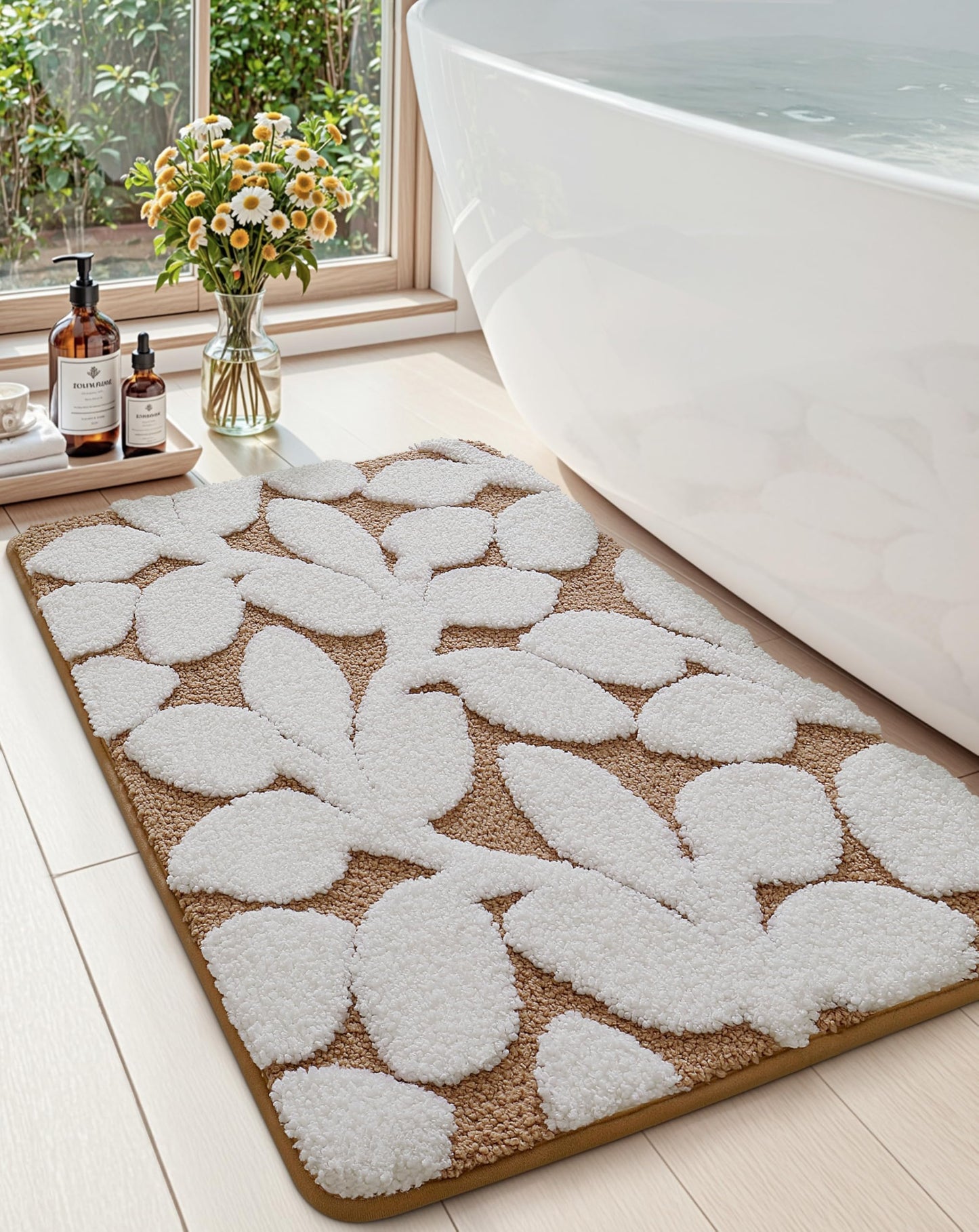 DEXI Bathroom Rugs 24x16, Boho White Leaf Bath Mat, Non Slip Washable Absorbent Quick Dry Bath Rugs, Extra Soft Plush Microfiber Bathmat for Shower Floor, Tub, Sink, Brown
