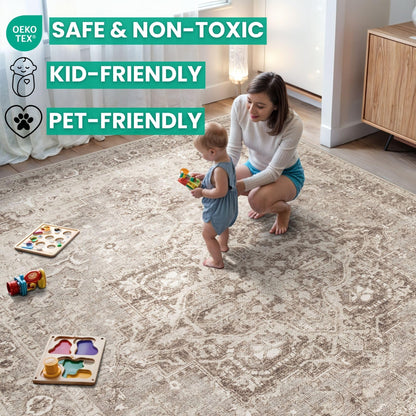 Bloom Rugs Washable Non-Slip 4' x 6' Rug - Beige/Gray Traditional Area Rug for Living Room, Bedroom, Dining Room, and Kitchen - Exact Size: 4' x 6'