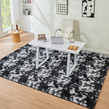 Litanika 6x9 Fluffy Shag Faux Fur Area Rug for Living Room Bedroom, Tie-Dyed Black White High Pile Soft Plush Shaggy Furry Bedside Playroom Dorm Carpet, Non-Slip, Non-Shedding Modern Indoor Floor Rug