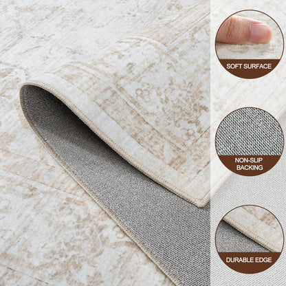 Area Rug 6x9 Living Room Rug Washable:No-Slip Vintage Medallion Rug Soft Low Pile Large Beige Rugs Indoor Retro Carpet for Living Room Kitchen Nursery Dining Table Office (Beige, 6'x9')