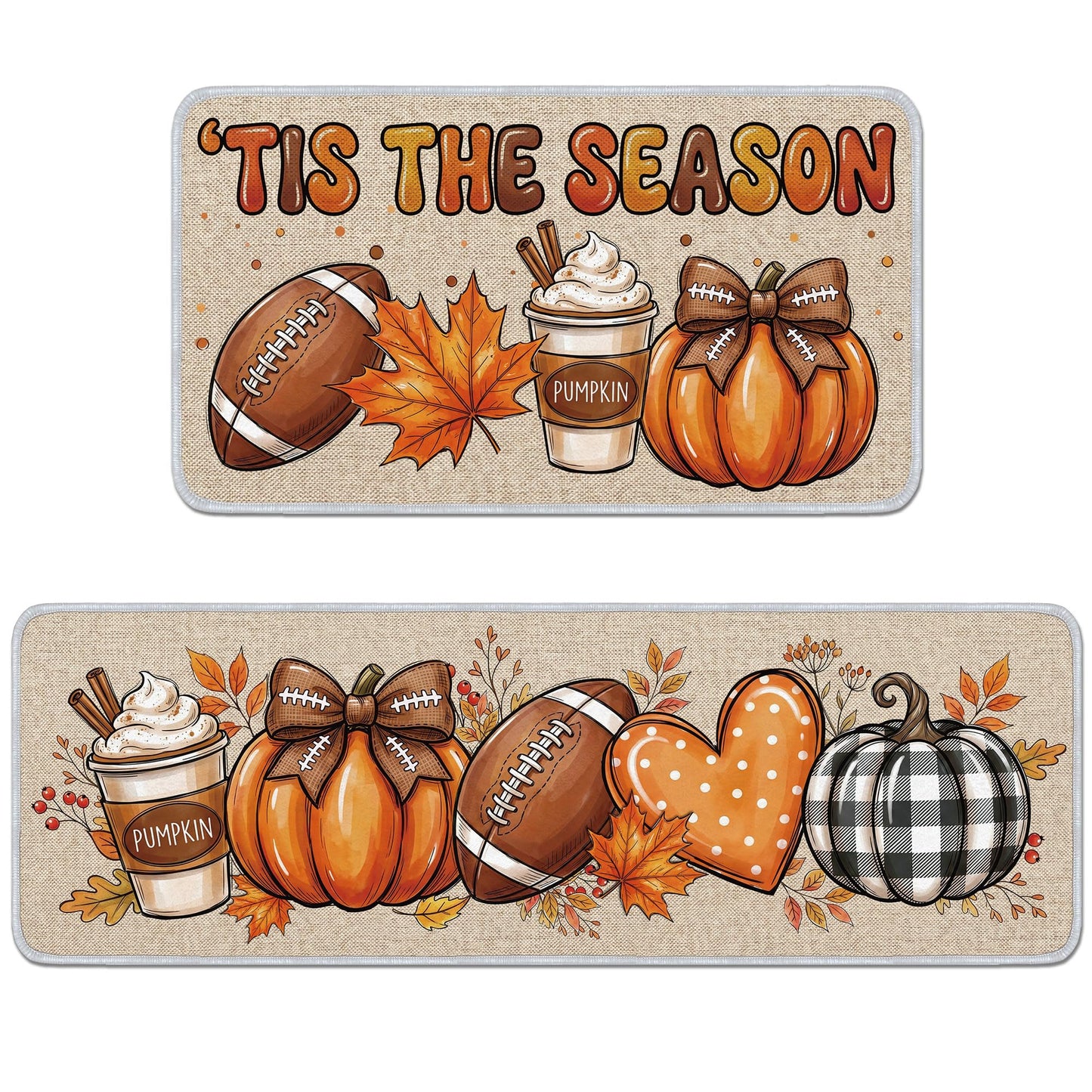 Romart 2 Pcs Fall Kitchen Rugs, Football Kitchen Runner Rug and Door Mat, Fall Kitchen Seasonal Decor for Home Kitchen Dining Room