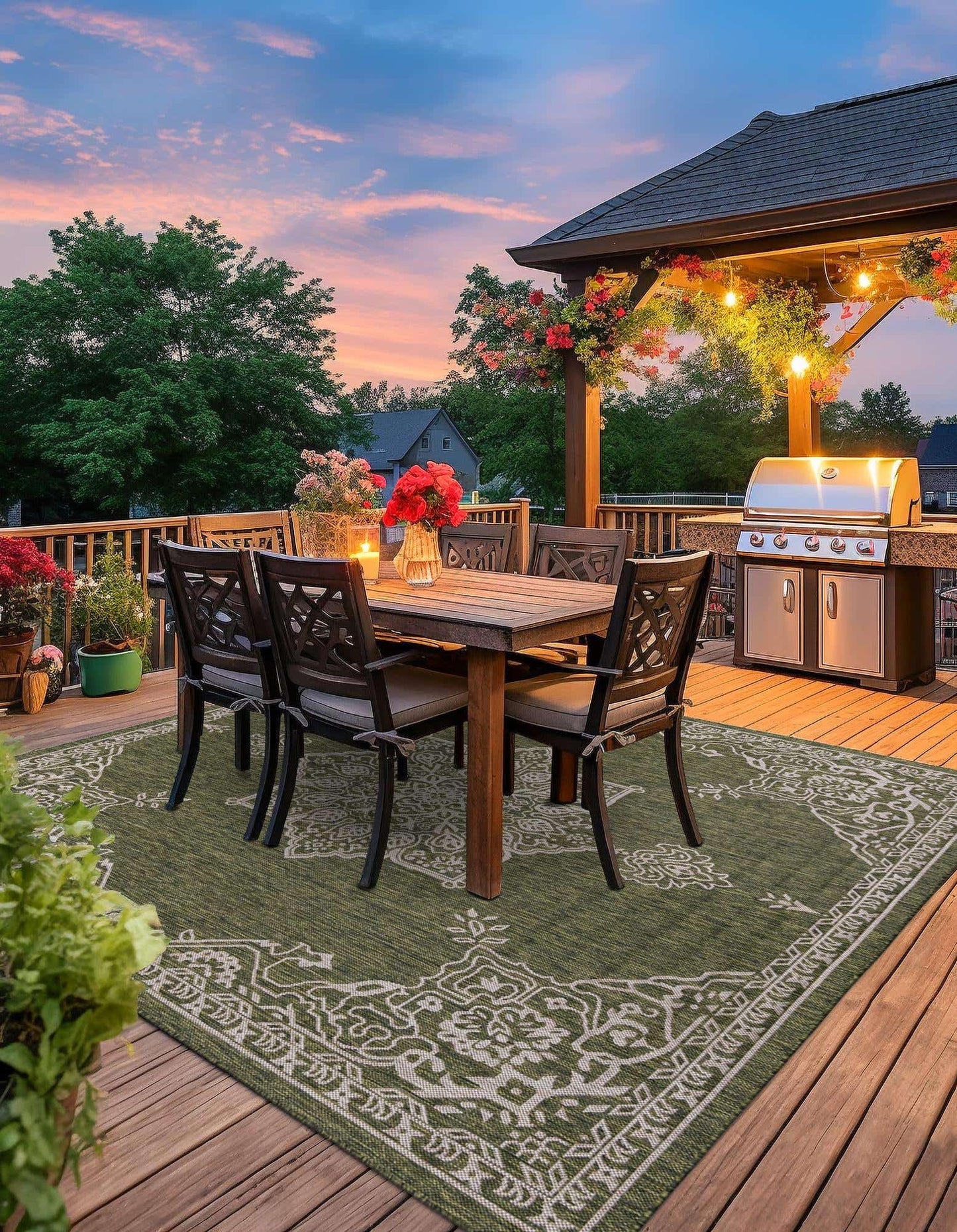 Unique Loom Outdoor Traditional Collection Area Rug - Antique (5' 3" Square Green/Ivory)