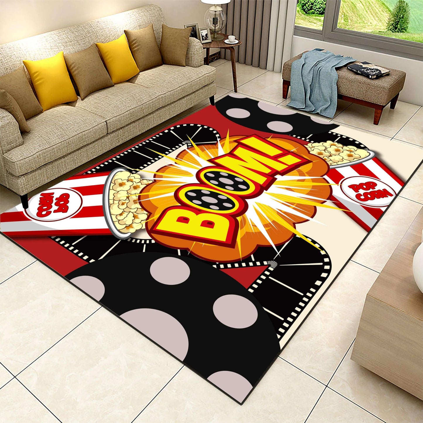 Puyosvr Cartoon Movie Area Rug,6x8ft,3D Cinema Object Patterned Carpet,Popcorn Theme Rugs,Kitchen Interior Non-Slip Washable Carpet Suitable for Restaurant Nursery Home Theater