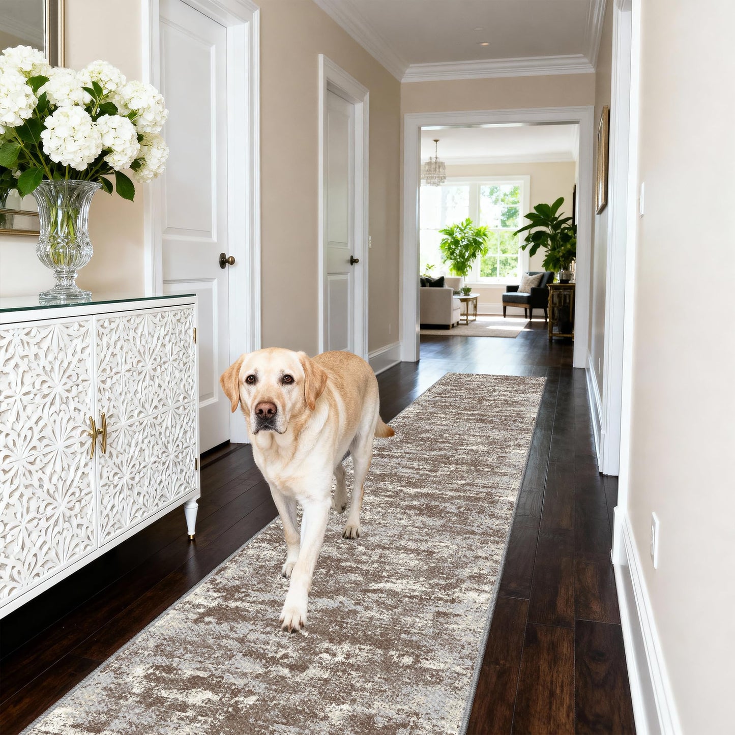 TTelephant Runners for Hallways Ultra Non-Slip 2x10 Long Runner Rugs Washable Abstract Tear and Stain Resistance No Pile Lightweight Modern Rug Runners for Entryway, Kitchen, Walkway, Entrance, Brown