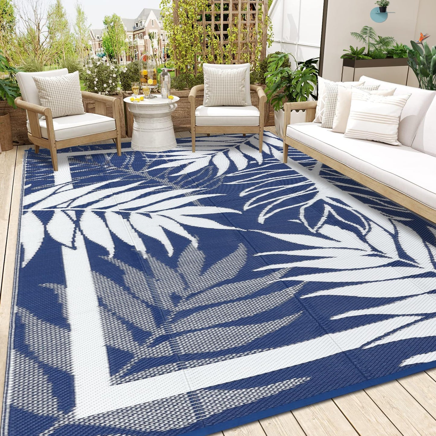GAOMON 9'x18' Outdoor Rug Waterproof, Reversible Plastic Straw Rug for Large Patio, Backyard, Poolside, Deck – UV Resistant, Heavy Duty, Easy Clean Outdoor Carpet for High Traffic, Navy&White