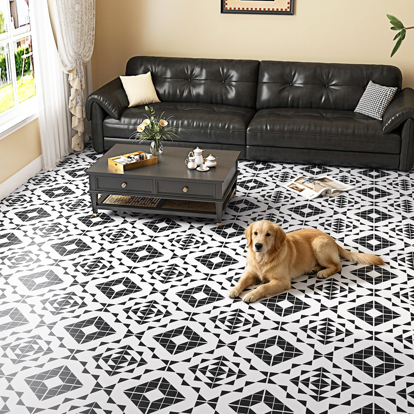 LaCheery Black and White Peel and Stick Floor Tile Bathroom Black and White Geometric Peel and Stick Floor Tiles Waterproof Laminate Linoleum Vinyl Sheet Flooring Roll for Kitchen Flooring PVC 12"x47"