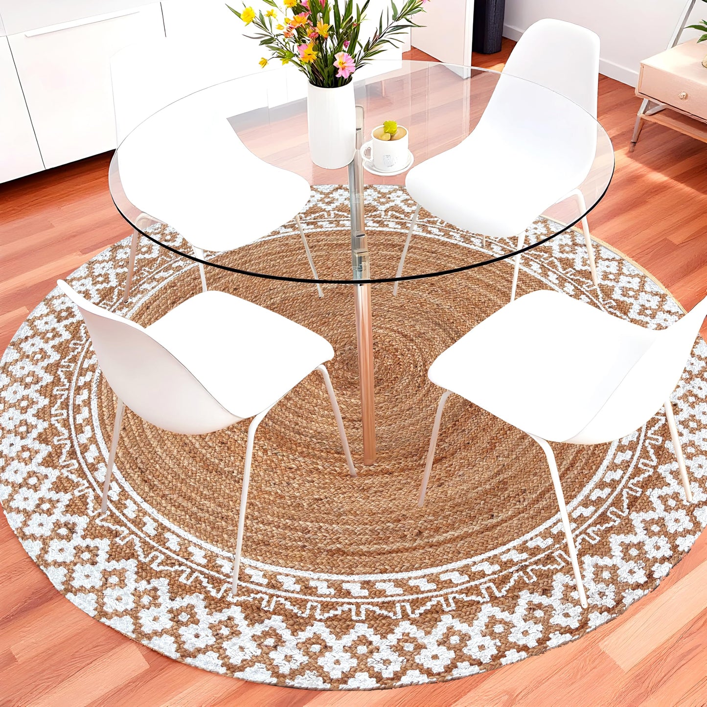 4 Ft Round Jute Rug – Handwoven Natural Fiber Area Rug with White Border, Boho Braided Rug for Living Room, Dining Table, Entryway & Bedroom, Durable & Eco-Friendly Carpet