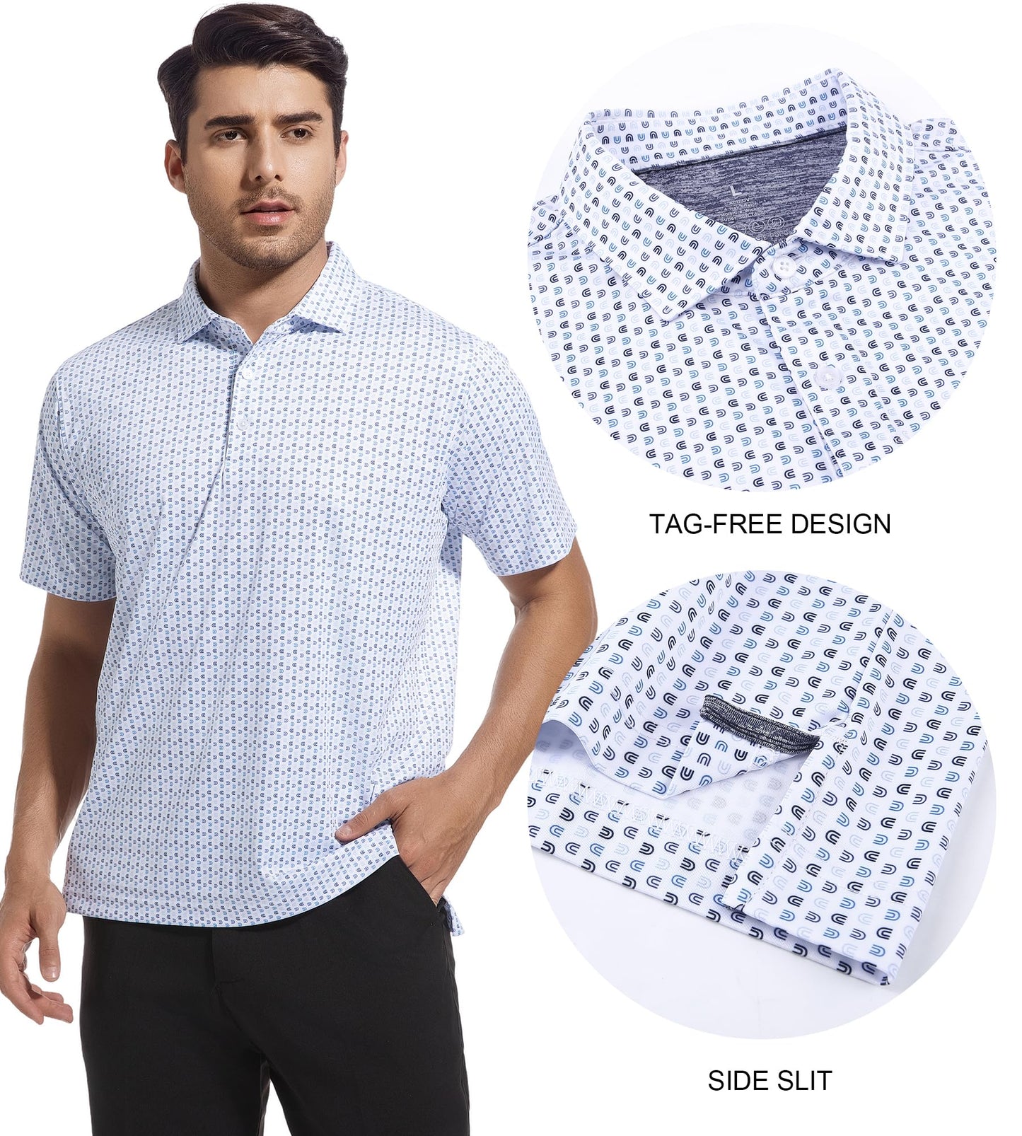 SAMERM Mens Golf Shirts Short Sleeve Dry Fit Performance Moisture Wicking Print Sport Polo Shirts for Men Casual，White U，XL