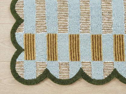 Weaving Village Hand Tufted Wool Rug with Scalloped Edges, Light Blue Plaid Pattern, Soft Area Rug for Living Room, Bedroom, and Nursery, Handmade Modern Accent Rug, Meadow Sky, 2'x3'