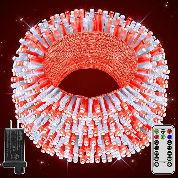 196FT 600LED Christmas Lights Outdoor Waterproof, String Light with Remote, 8 Modes LED Lights Plug in Twinkle Fairy Light for Party Holiday Decor (Red+White)