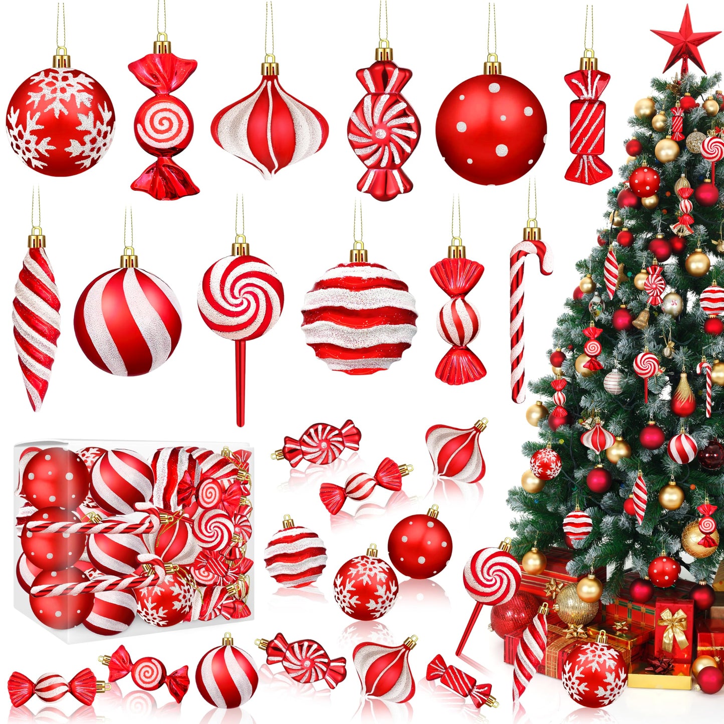 Christmas Ornaments Candy Lollipop Set -48Pcs for Xmas Tree Decoration Hanging Plastic Gloss Candy Canes Ball Pendants for New Year Home Decor Party Supplies (Red)