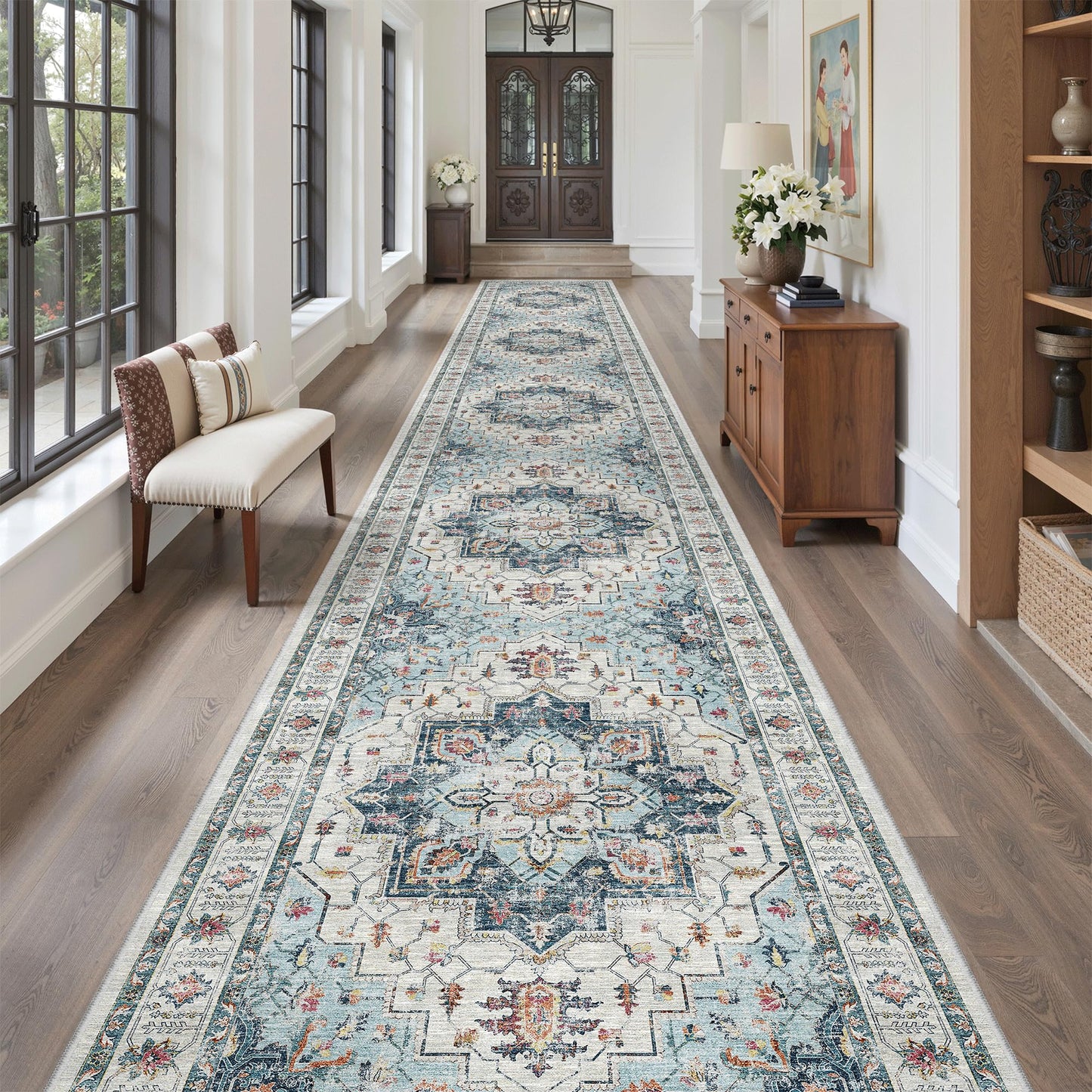 Madane 3x20 Hallway Runner Rug - Extra Long Carpet Runners for Hallways 20ft Non Slip Stain Resistant Rugs Runner for Living Room Bedroom 20 Feet Distressed Floor Carpet for Kitchen, Blue