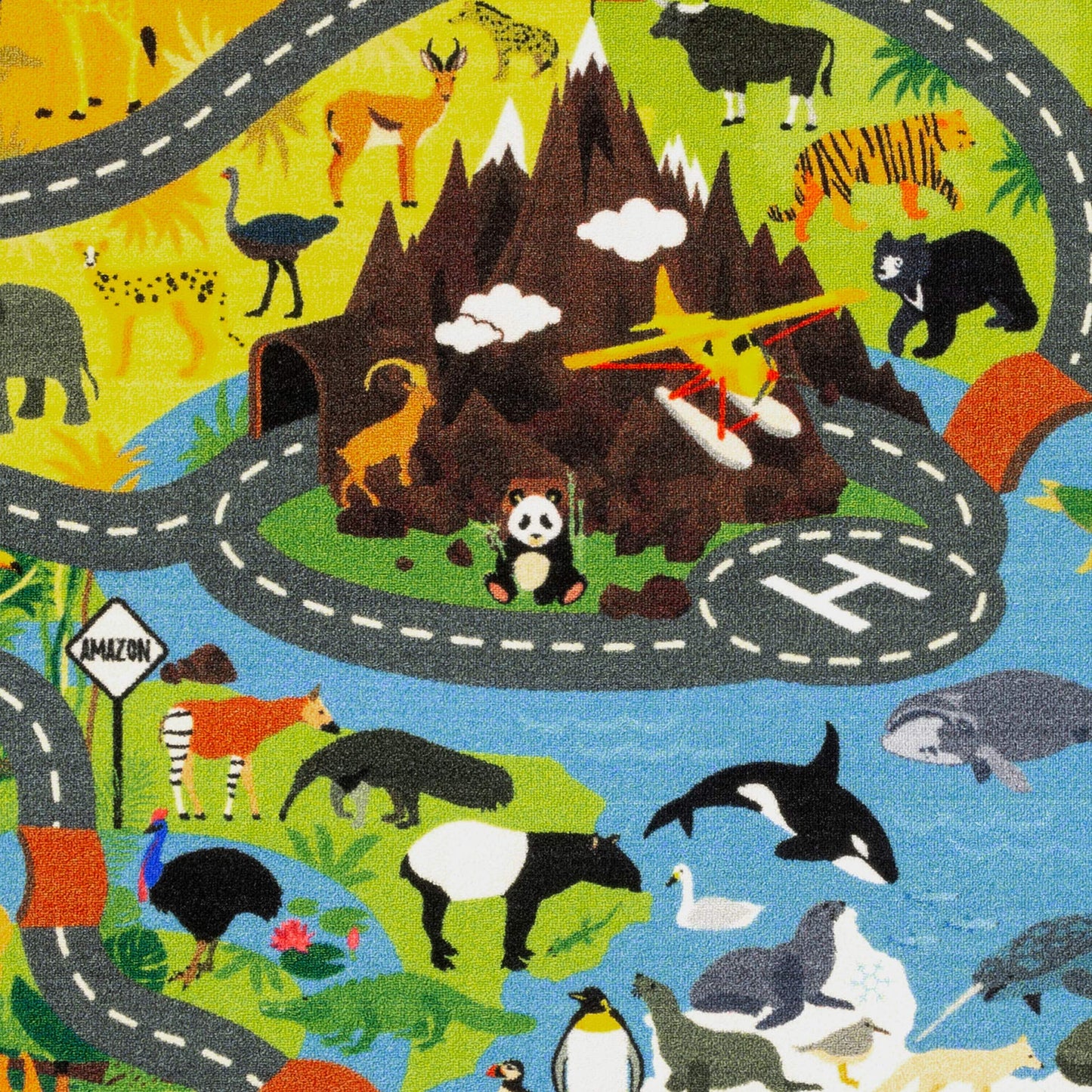 KC Cubs: Educational Rug: Animal Safari Road Map - 8x10' Playmat -Interactive Toy Car Route, Activity Area Carpet, Bedroom-Classroom, Baby-Toddler-Kid