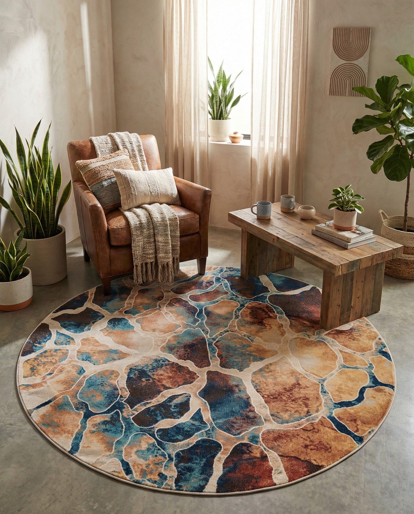 Rugs.com - Gossamer Rug – 6 Ft Round Brick Red Easy-Clean Rug – Modern Abstract Mosaic Design for Dining Rooms, Living Rooms, and Entryways