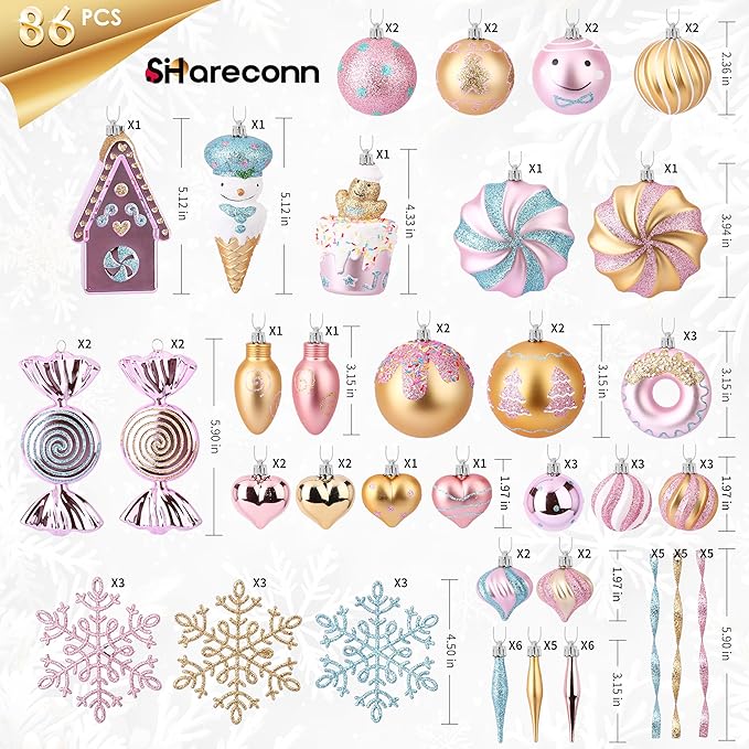 SHareconn 86pcs Christmas Tree Balls Ornaments, Shatterproof Plastic Decorative Baubles for Christmas Tree Decorations, Holiday Wedding Party Decoration, Festive Ornaments, Macaron