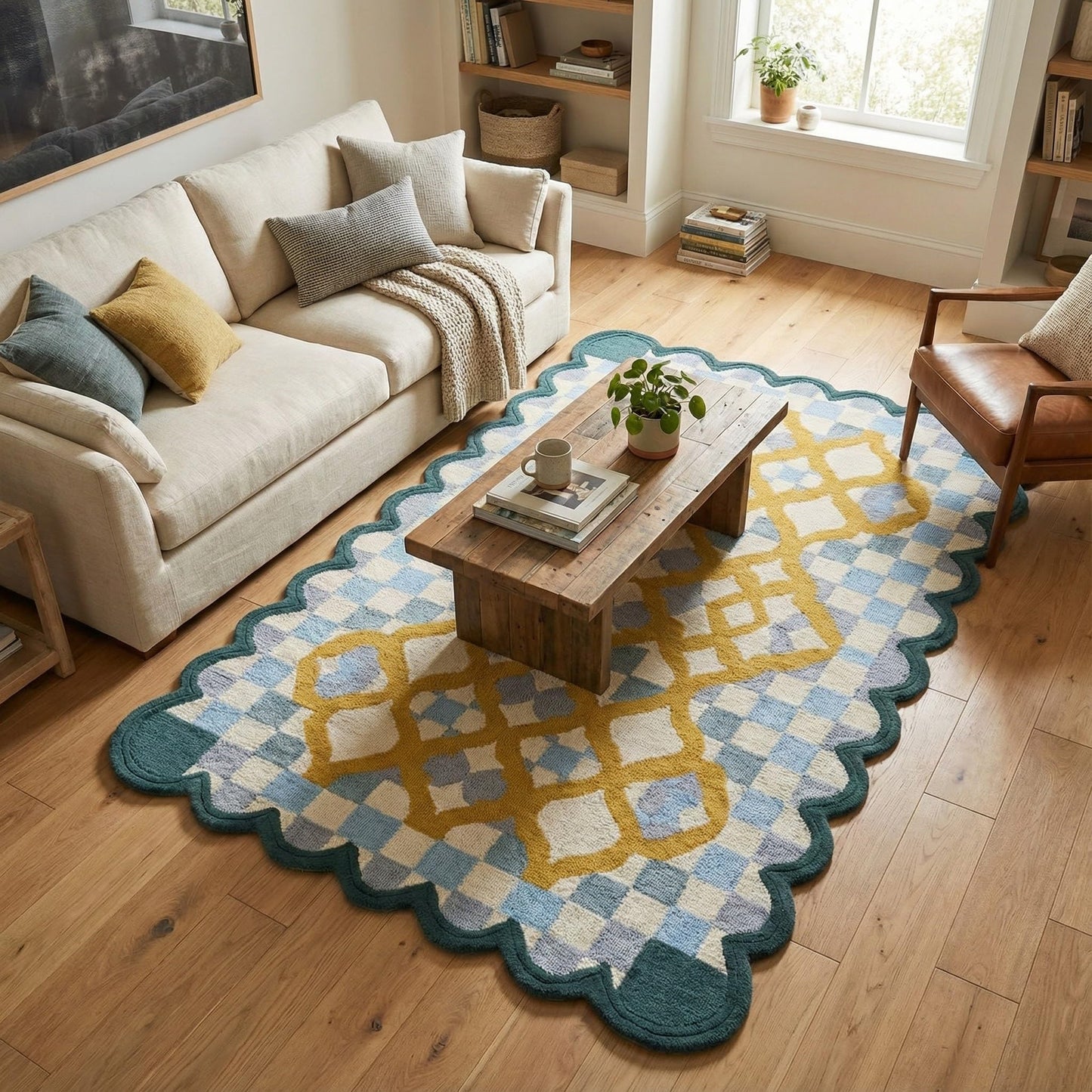 Hand-Tufted Wool Rug with Scalloped Edges | Checkered Light Blue Plaid Pattern Yellow Motif | Cozy Soft Area Rugs Carpet for Living Room, Bedroom, Nursery (Light Blue, Mustard Yellow, 6' x 9')