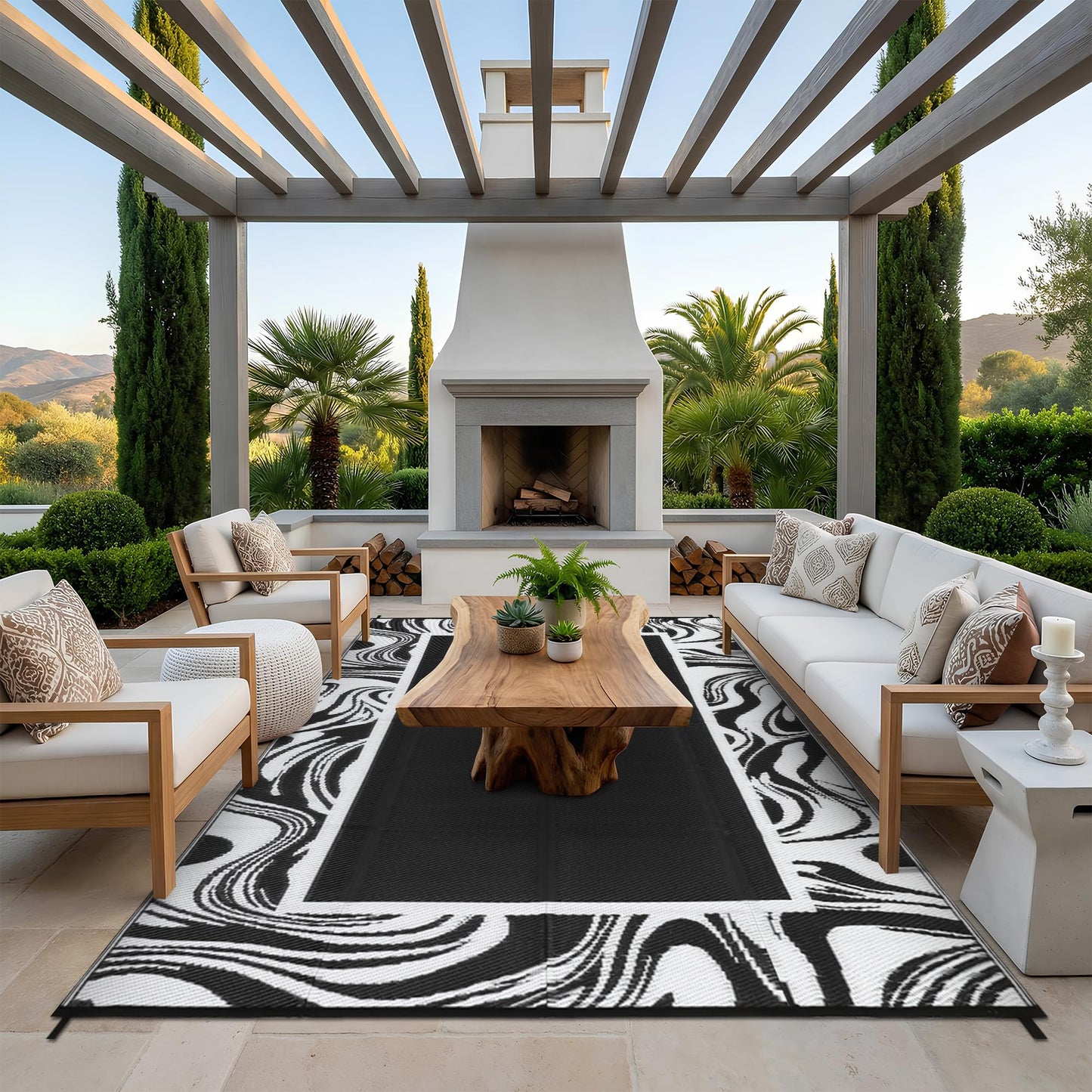 Garvee Black and White Outdoor Rug 5x8 for Camping Waterproof Quick Dry Plastic Straw Carpet Reversible Lightweight Patio Rug Easy to Clean for RV, Deck, Balcony, Backyard, Picnic, Beach, Black White