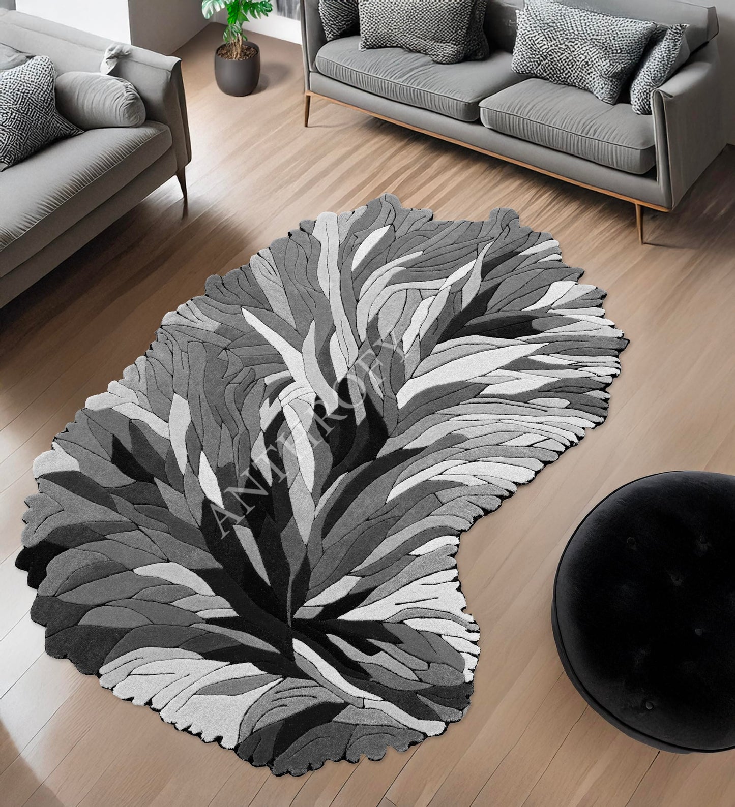 Anthrofy Irregular Shape Wool Area Rug – 10’ x 14' – Grey Color Handmade Unique Contemporary Botanical Design – Thick & Soft Rugs for Living Room, Bedroom