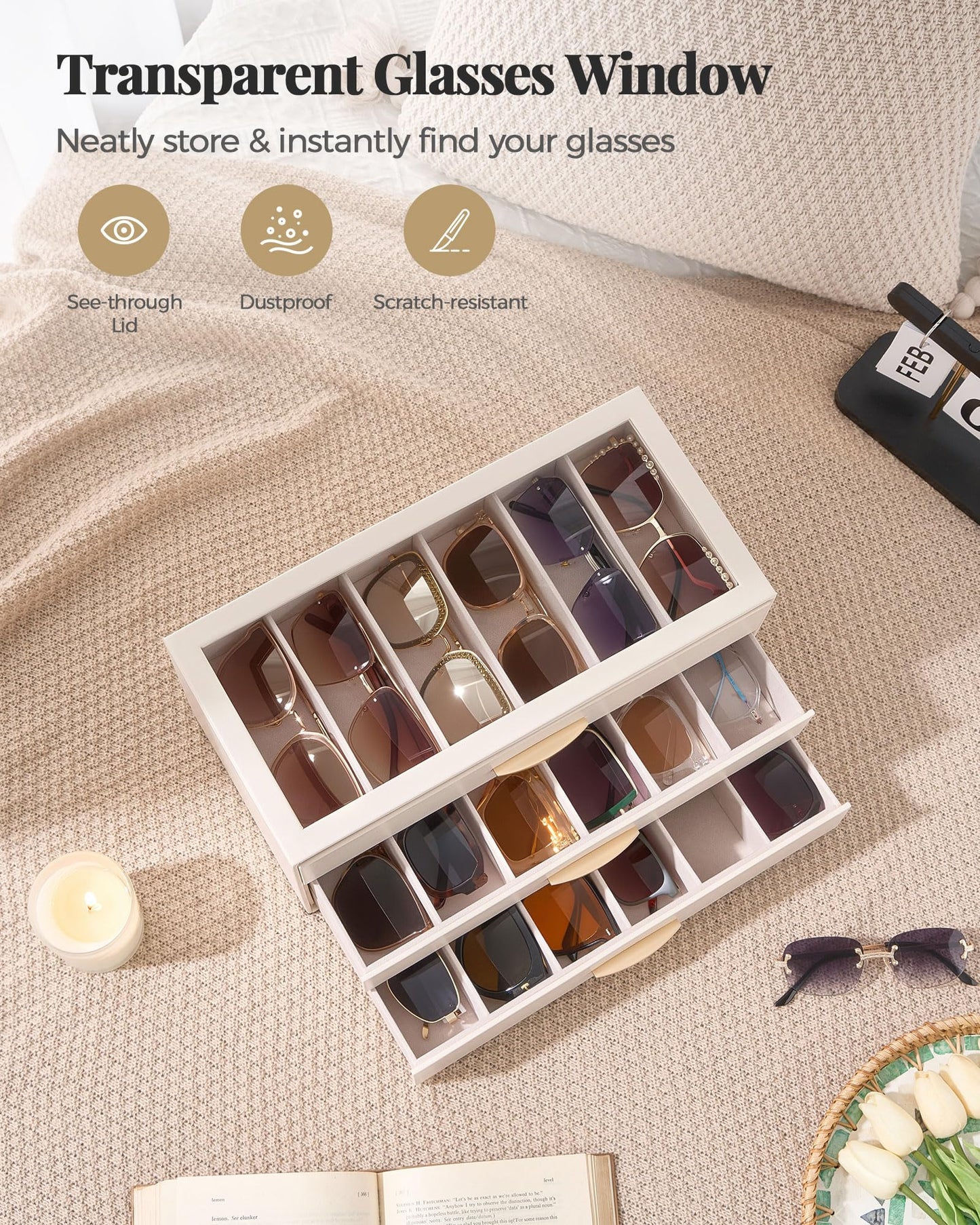 Lolalet 18 Slots Sunglasses Organizer Case for Women, 3-Layer Eyeglass Storage Holder Display Box with Clear Top Lid, Mothers Day Gifts -Cream