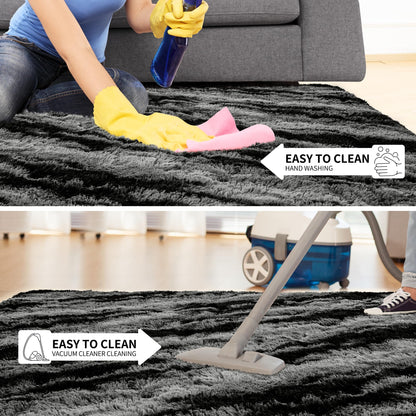 Tepook Fluffy Large Rugs for Living Room, 8x10 Area Rugs for Bedroom, Modern Shag Fuzzy Carpets for Kids Boys Girls, Plush Indoor Nursery Home Decor Rug with Non-Slip Bottom, Black Grey