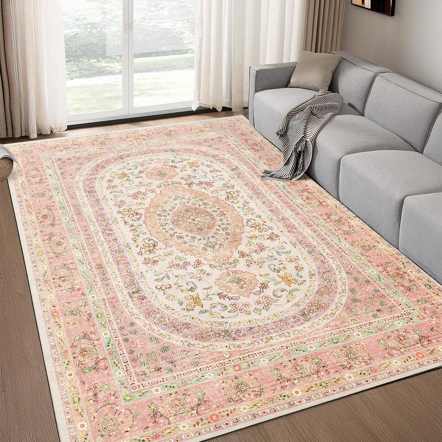 Castage 5x7 Area Rugs Washable,Pink Rug for Living Room Bedroom Kitchen,Large Boho Vintage Bohemian Distressed Farmhouse Carpet Non Slip,Blush Floral