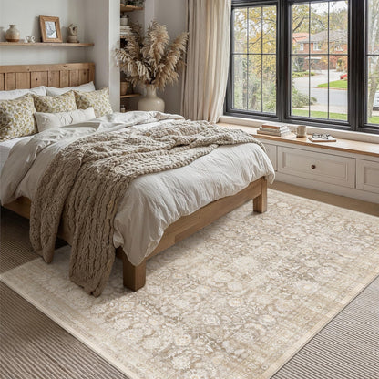 WondRg 8x10 Beige Washable Neutral Area Rug Living Room Floral Non Slip Low Pile Large Rug Vintage Traditional Stain Resistant Distressed Carpet Bedroom Dining Room Office Playroom