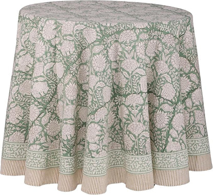 ATOSII Jade 100% Cotton Boho Round Tablecloth, Block Print Floral Table Cloth Linen for Dining, Parties, Weddings, Outdoors I Table Decor 90" Inches I