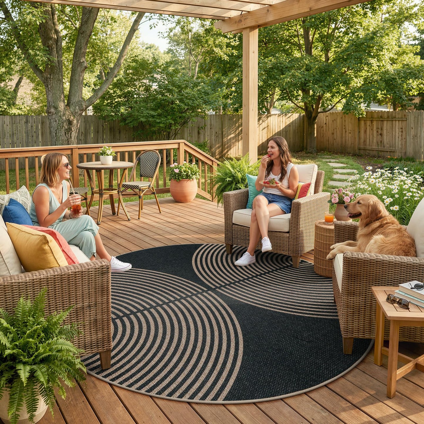 Lahome Enfys Modern Rainbow Round Rug, 6ft Easy Jute Circle Patio Rug Washable Indoor Outdoor Carpet for Living Room, Farmhouse Natural Contemporary Round Mat for Entryway Backyard Porch