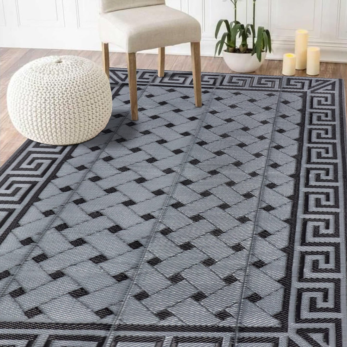 SAND MINE Reversible Mats, Plastic Straw Rug, Modern Area Rug, Large Floor Mat and Rug for Outdoors, RV, Patio, Backyard, Deck, Picnic, Beach, Trailer, Camping (5' x 8', Black & Grey)