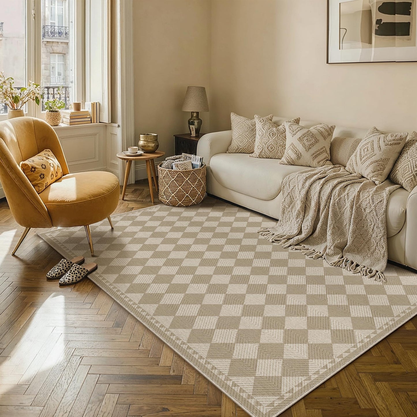 HUGEAR 4x6 Outdoor Rug Brown/Beige Linen-Look Fabric Checkered Area Rug High Traffic Stain Resistant Easy Clean Durable Rugs for Indoor/Outdoor Patio Deck Balcony Porch Garden Courtyard