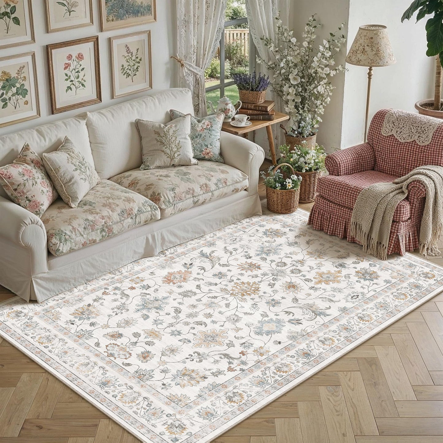 HUGEAR Area Rug 5x7 Vintage Grey Beige Machine Washable Living Room Rugs Distressed Retro Floral Vacuumable Low Pile Carpet Bedroom Office Dining Farmhouse Playroom Non Slip