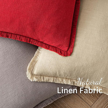MIULEE Christmas Decorative Throw Pillow Covers Neutral Linen Fringe Throw Pillows Euro Shams Set of 2 Red Boho Farmhouse Cushion Covers with Tassels for Couch Sofa Bed Living Room Decor 22x22 Inch