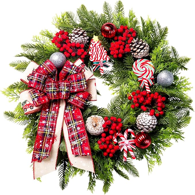 Christmas Wreaths for Front Door, 20 Inch Lighted Artificial Christmas Door Wreath with Candy Lollipops Ball Bow, Holiday Decorations for Home Decor